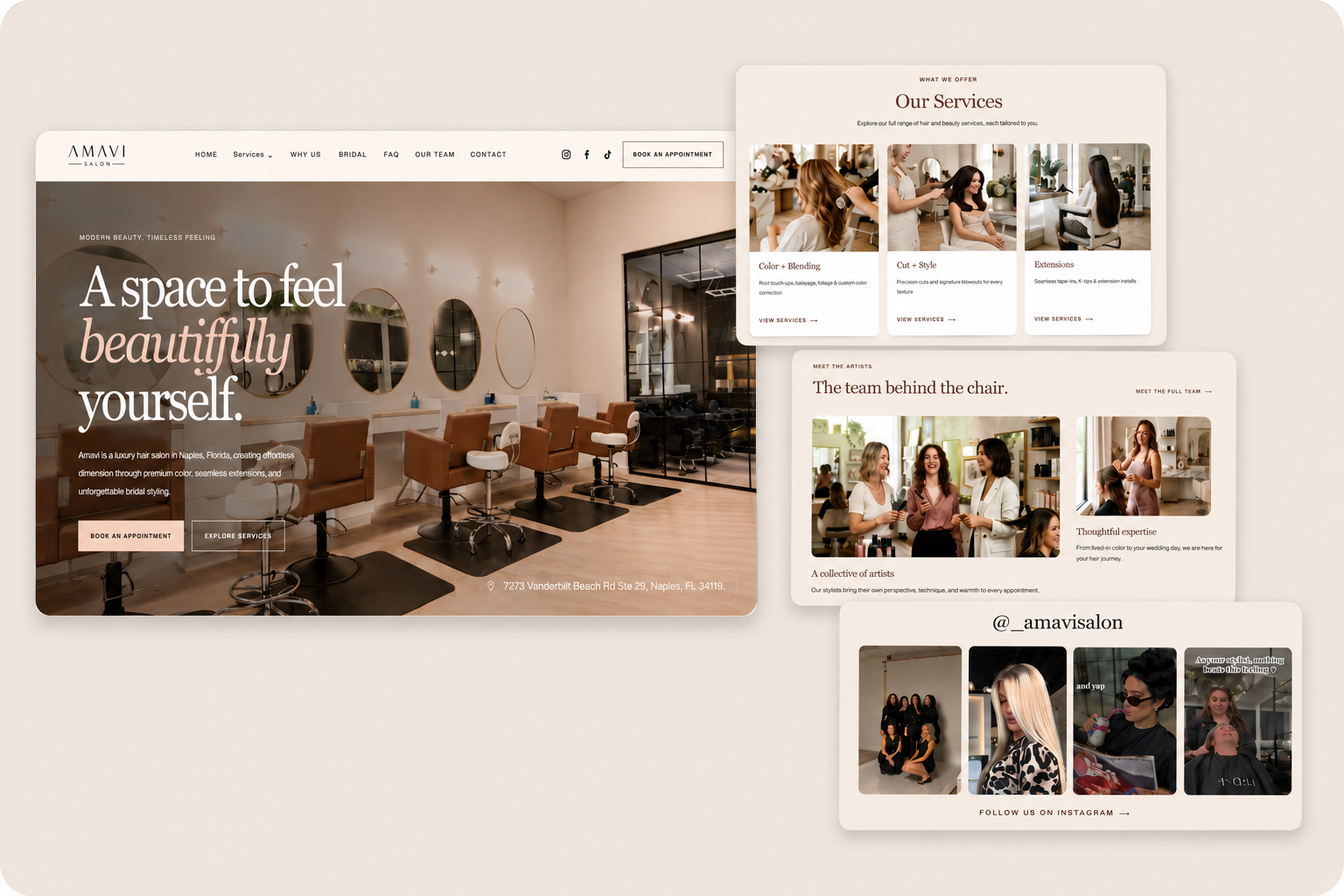 Amavi Salon website showcase, a custom-built luxury hair salon website