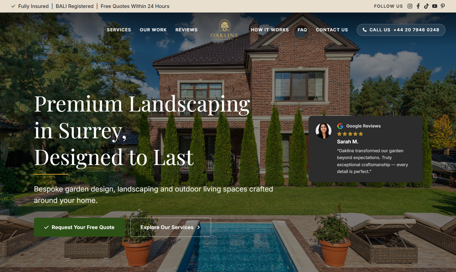Oakline Landscapes website showcase, a custom-built landscaping business website